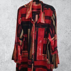 A Rafaella Abstract Print Shirt Dress With Bell Sleeves and A Button Front